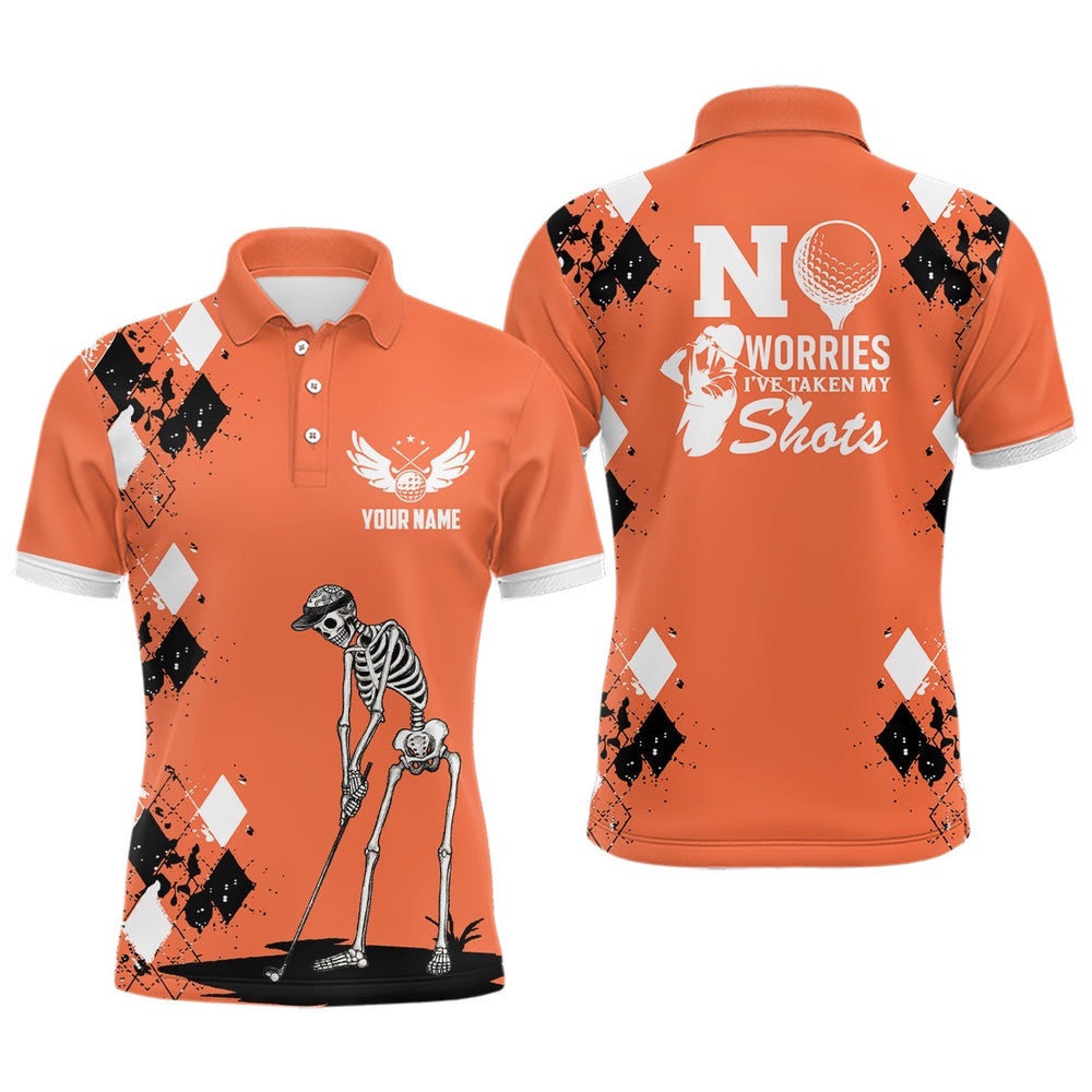 Men’s Skull Golf Polo Shirt Argyle Pattern Orange Golf Shirts For Men’s Halloween Golf Gifts, Golf Polo Shirt, Golf Shirts