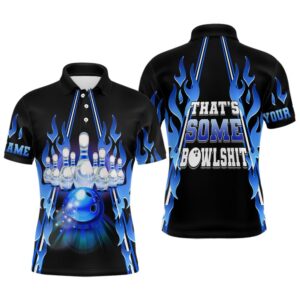 Mens Bowling Polo Shirt Custom Blue Flame…