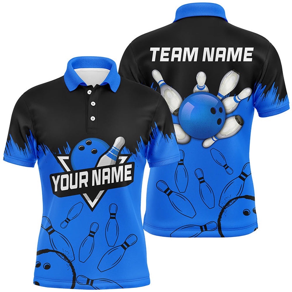 Mens Bowling Polo Shirts Custom Black And Blue Bowling Team League Polo Shirt For Bowlers, Personalized Bowling Team Shirt Mens Bowling Polo Shirts Custom Black And Blue Bowling Team League Polo Shirt For Bowlers, Personalized Bowling Team Shirt