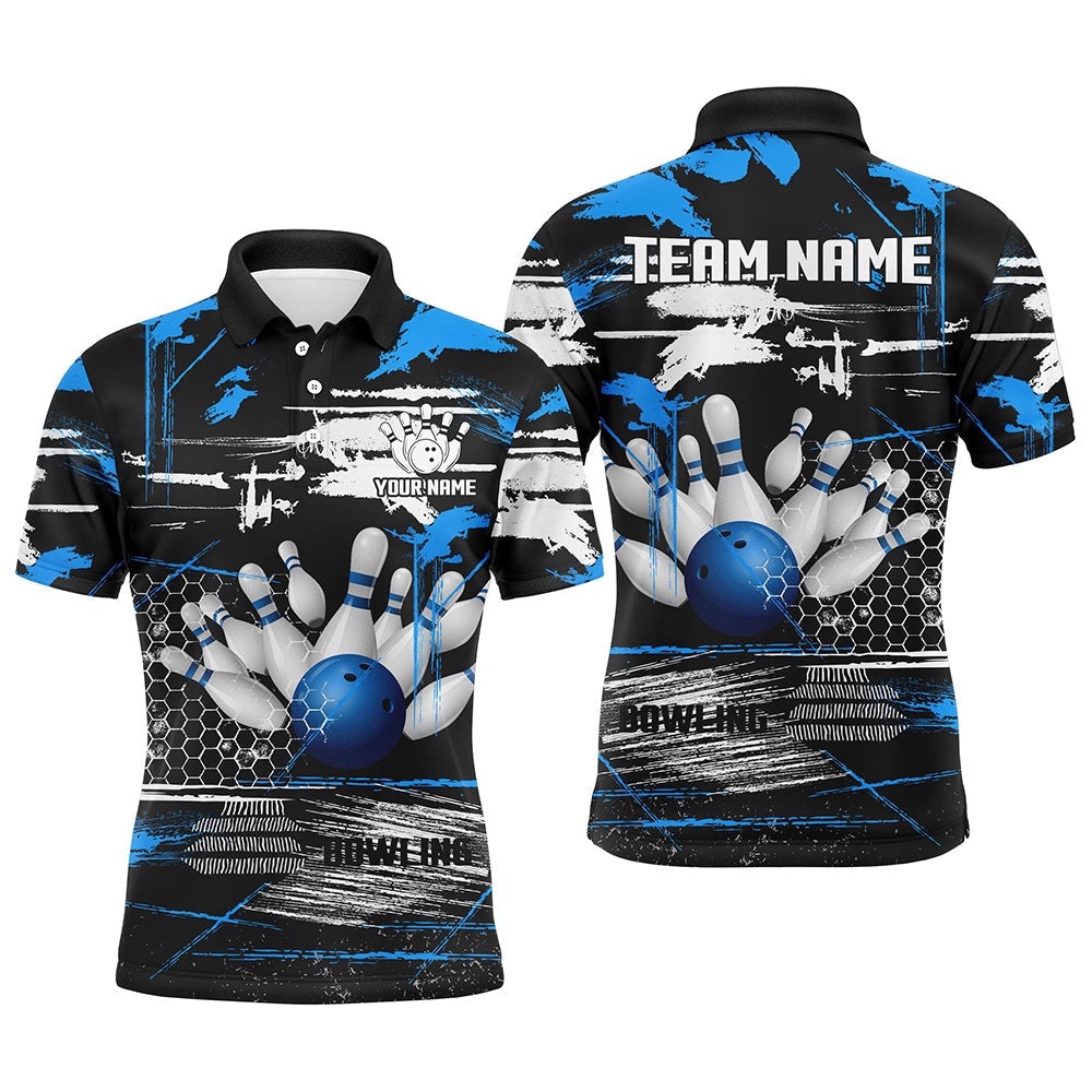 Mens Bowling Polo Shirts Custom Black And Blue Retro Bowling Team League Polo Shirt, Gifts For Bowlers, Personalized Bowling Team Shirt Mens Bowling Polo Shirts Custom Black And Blue Retro Bowling Team League Polo Shirt, Gifts For Bowlers, Personalized Bowling Team Shirt
