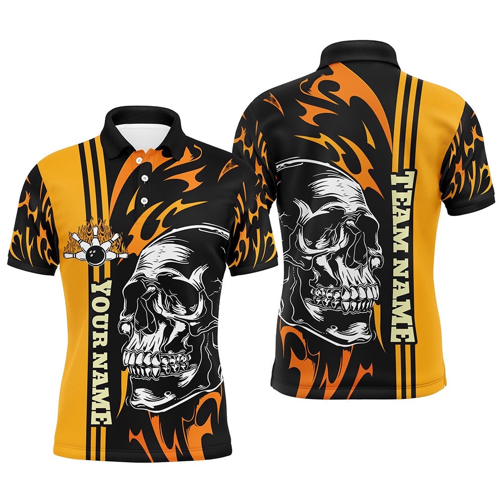Mens Bowling Polo Shirts Custom Black And Yellow Flame Skull Bowling Ball And Pins Team League Polo Shirt, Personalized Bowling Team Shirt