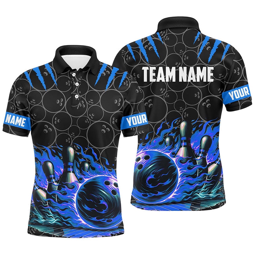 Mens Bowling Polo Shirts Custom Black Blue Flame Bowling Shirt, Bowling Team Polo Shirt Gift For Bowlers, Personalized Bowling Team Shirt Mens Bowling Polo Shirts Custom Black Blue Flame Bowling Shirt, Bowling Team Polo Shirt Gift For Bowlers, Personalized Bowling Team Shirt