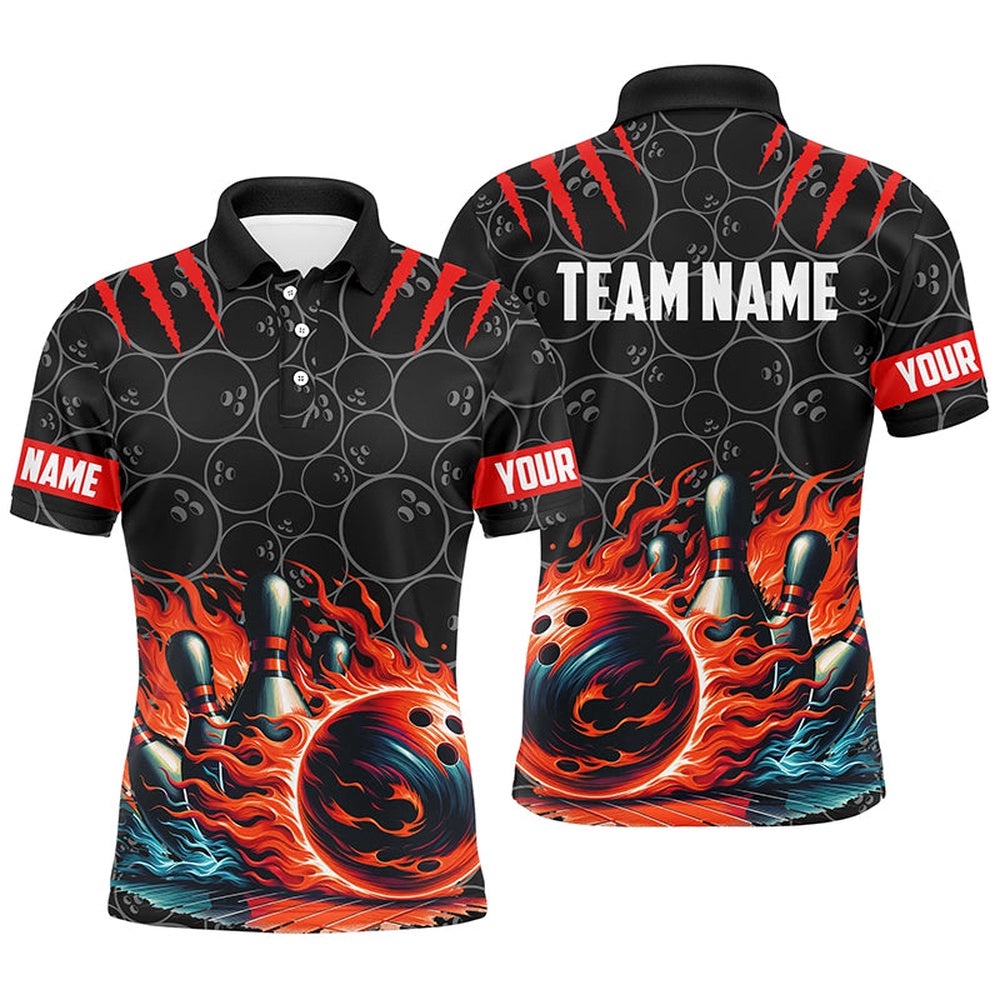 Mens Bowling Polo Shirts Custom Black Red Flame Bowling Shirt, Bowling Team Polo Shirt Gift For Bowlers, Personalized Bowling Team Shirt Mens Bowling Polo Shirts Custom Black Red Flame Bowling Shirt, Bowling Team Polo Shirt Gift For Bowlers, Personalized Bowling Team Shirt