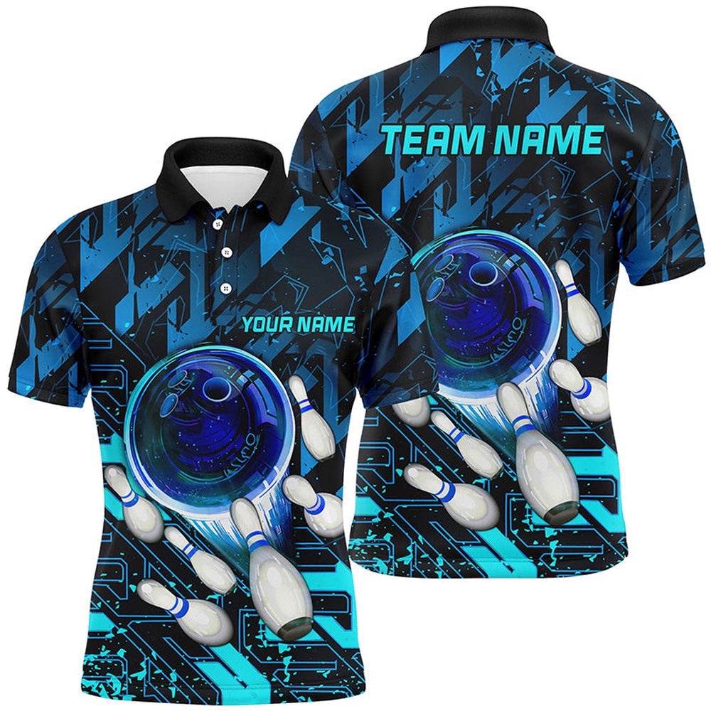 Mens Bowling Polo Shirts Custom Blue Abstract Bowling Team League Polo Shirt For Bowlers, Personalized Bowling Team Shirt