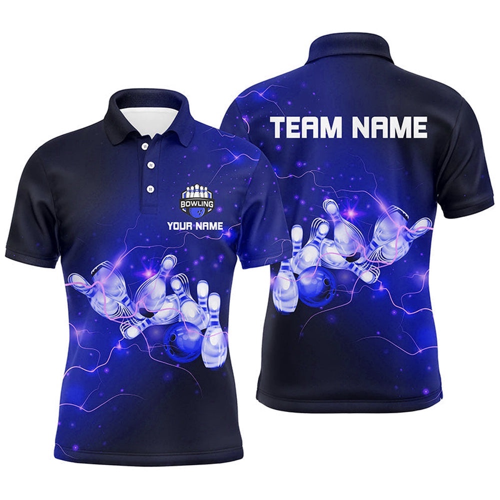 Mens Bowling Polo Shirts Custom Blue Flashes Of Lightning Thunder Bowling Team Mens Bowler Polo Shirt, Personalized Bowling Team Shirt