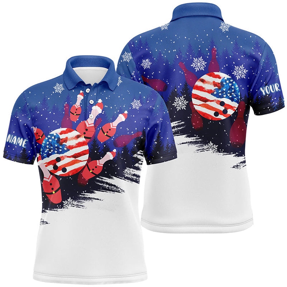 Mens Bowling Polo Shirts Custom Christmas Bowling Santa Pins American Flag Team Mens Blue Polo Shirt, Personalized Bowling Team Shirt Mens Bowling Polo Shirts Custom Christmas Bowling Santa Pins American Flag Team Mens Blue Polo Shirt, Personalized Bowling Team Shirt
