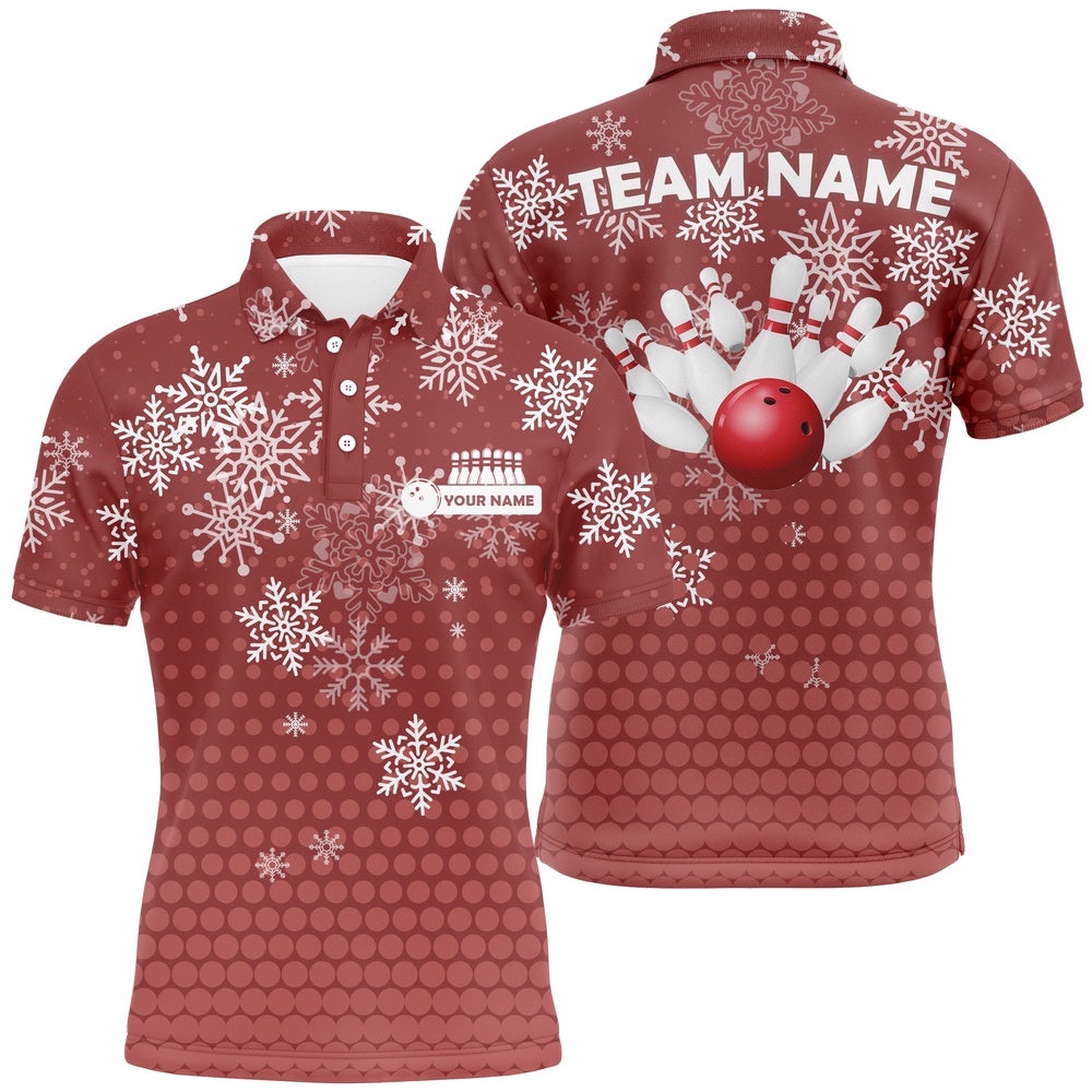 Mens Bowling Polo Shirts Custom Christmas Snowflake Bowling Ball Pins Team Ladies Polo Shirt Red, Personalized Bowling Team Shirt