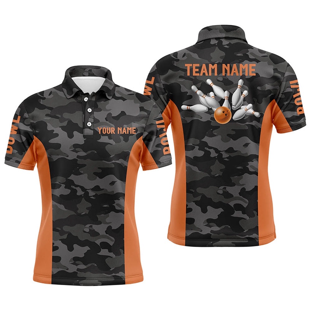 Mens Bowling Polo Shirts Custom Gray Camo Bowling Team Polo Shirt, Bowling Team League Shirt Orange, Personalized Bowling Team Shirt Mens Bowling Polo Shirts Custom Gray Camo Bowling Team Polo Shirt, Bowling Team League Shirt Orange, Personalized Bowling Team Shirt
