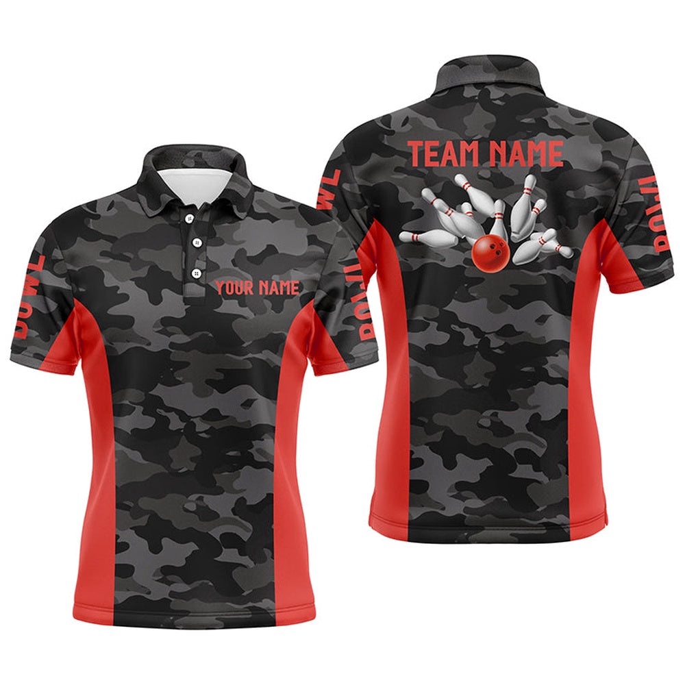 Mens Bowling Polo Shirts Custom Gray Camo Bowling Team Polo Shirt, Bowling Team League Shirt Red, Personalized Bowling Team Shirt Mens Bowling Polo Shirts Custom Gray Camo Bowling Team Polo Shirt, Bowling Team League Shirt Red, Personalized Bowling Team Shirt