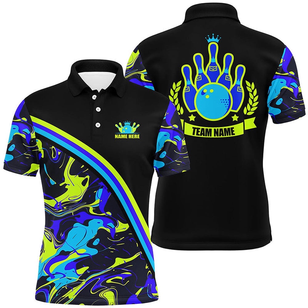 Mens Bowling Polo Shirts Custom Green And Blue Bowling Camo Pattern Black Bowling Team League Polo Shirt, Personalized Bowling Team Shirt
