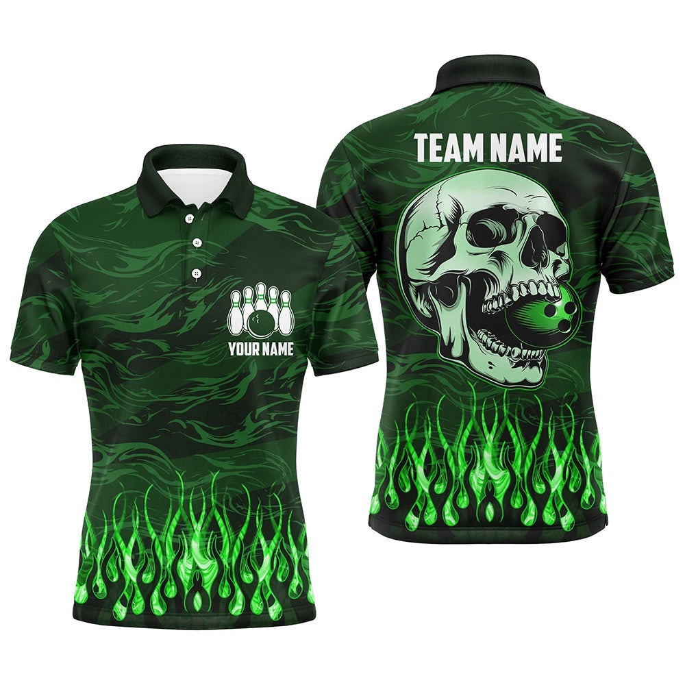Mens Bowling Polo Shirts Custom Green Camo Flame Skull Bowling Team Polo Shirt, Gift For Bowlers, Personalized Bowling Team Shirt