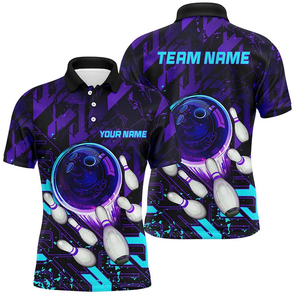 Mens Bowling Polo Shirts Custom Purple Blue Abstract Bowling Team League Polo Shirt, Personalized Bowling Team Shirt Mens Bowling Polo Shirts Custom Purple Blue Abstract Bowling Team League Polo Shirt, Personalized Bowling Team Shirt