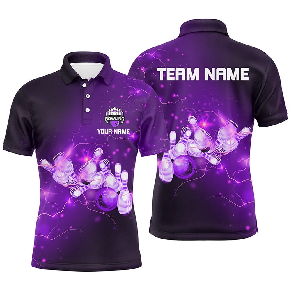 Mens Bowling Polo Shirts Custom Purple Flashes Of Lightning Thunder Bowling Team Mens Bowler Polo Shirt, Personalized Bowling Team Shirt