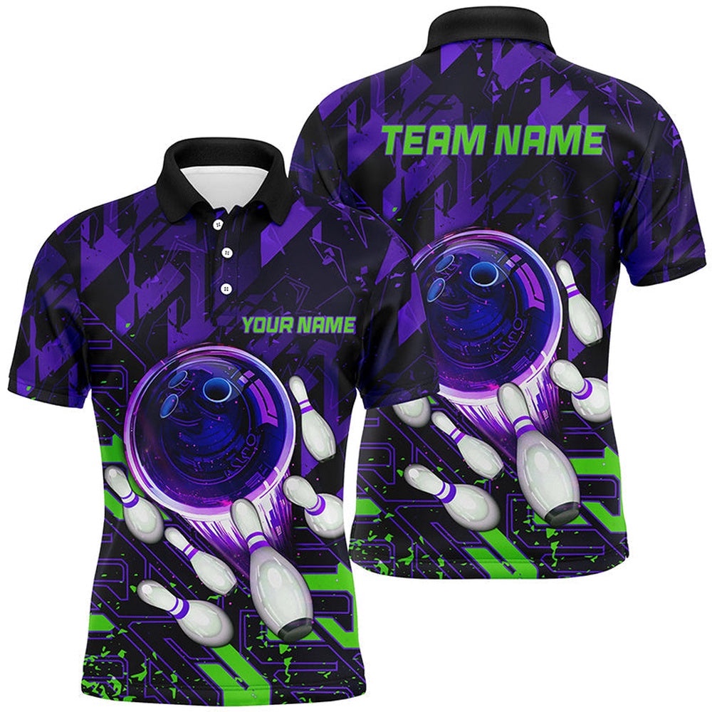 Mens Bowling Polo Shirts Custom Purple Green Abstract Bowling Team League Polo Shirt, Personalized Bowling Team Shirt Mens Bowling Polo Shirts Custom Purple Green Abstract Bowling Team League Polo Shirt, Personalized Bowling Team Shirt