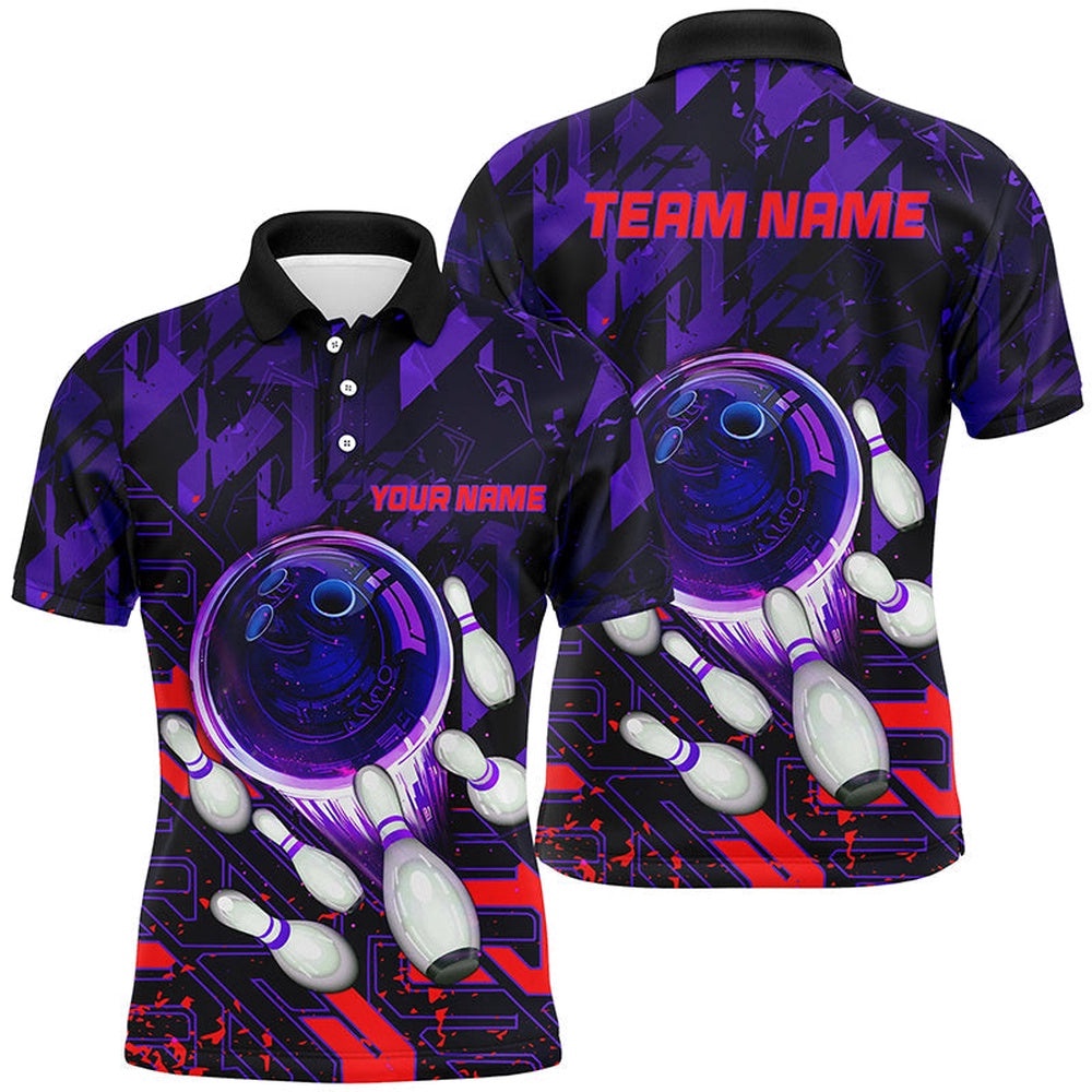 Mens Bowling Polo Shirts Custom Purple Red Abstract Bowling Team League Polo Shirt, Personalized Bowling Team Shirt