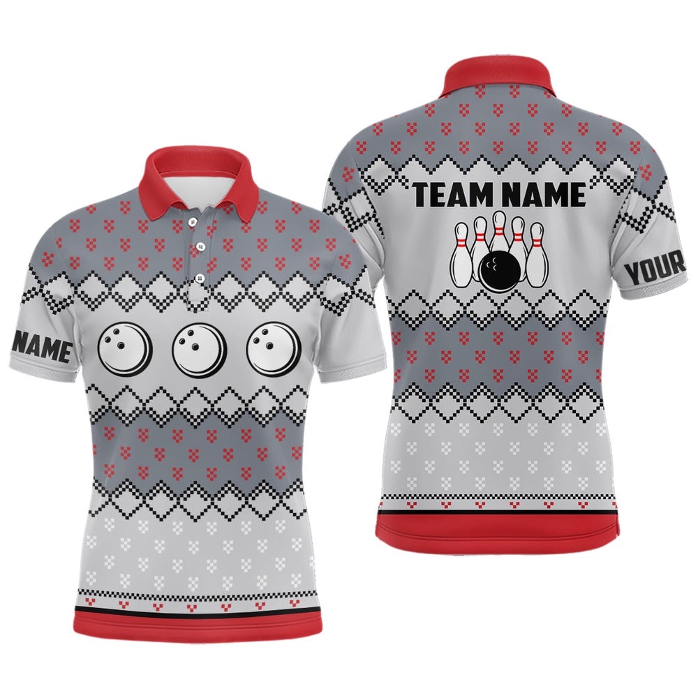 Mens Bowling Polo Shirts Custom Ugly Christmas Pattern Bowling Ball Pins Team Mens Polo Shirt, Personalized Bowling Team Shirt Mens Bowling Polo Shirts Custom Ugly Christmas Pattern Bowling Ball Pins Team Mens Polo Shirt, Personalized Bowling Team Shirt