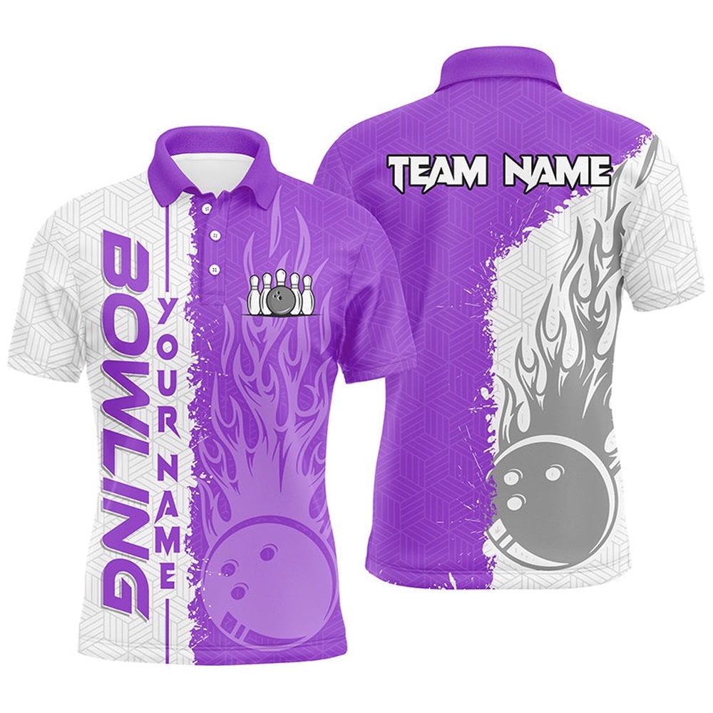 Mens Bowling Polo Shirts Custom White & Purple Flame Bowling Ball And Pins Bowling Team League Polo Shirt, Personalized Bowling Team Shirt Mens Bowling Polo Shirts Custom White & Purple Flame Bowling Ball And Pins Bowling Team League Polo Shirt, Personalized Bowling Team Shirt
