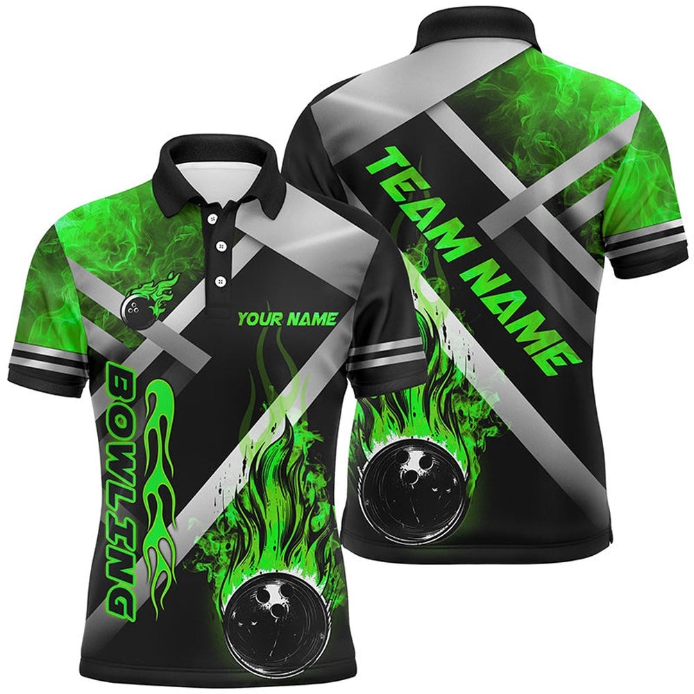 Mens Bowling Shirts Custom Black Bowling Ball Flame Bowling Team Polo Shirt, Gift For Bowlers Green, Personalized Bowling Team Shirt Mens Bowling Shirts Custom Black Bowling Ball Flame Bowling Team Polo Shirt, Gift For Bowlers Green, Personalized Bowling Team Shirt