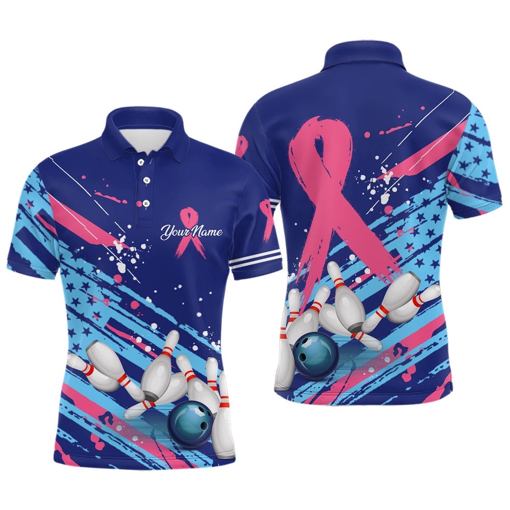 Mens Polo Bowling Shirt Custom Blue American Flag Pink Ribbon Bowling Polo Shirt Breast Cancer Awareness, Personalized Bowling Team Shirt Mens Polo Bowling Shirt Custom Blue American Flag Pink Ribbon Bowling Polo Shirt Breast Cancer Awareness, Personalized Bowling Team Shirt