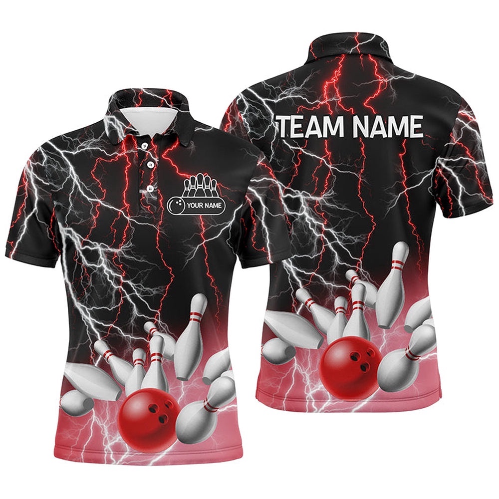 Mens Polo Bowling Shirt Custom Bowling Red Lightning Thunder Team League Polo Shirt, Personalized Bowling Team Shirt Mens Polo Bowling Shirt Custom Bowling Red Lightning Thunder Team League Polo Shirt, Personalized Bowling Team Shirt