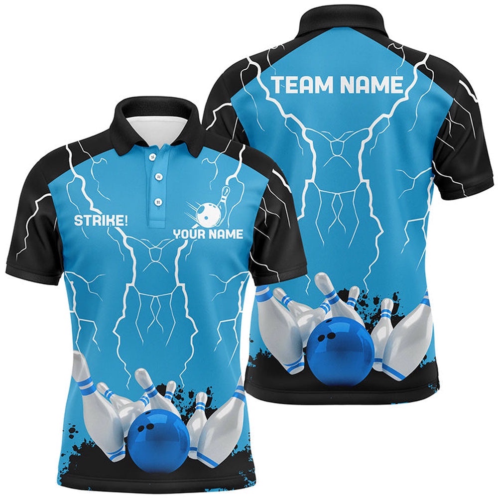 Mens Polo Bowling Shirt Custom Bowling Strike Lightning Storm Thunder Team League Polo Shirt Blue, Personalized Bowling Team Shirt Mens Polo Bowling Shirt Custom Bowling Strike Lightning Storm Thunder Team League Polo Shirt Blue, Personalized Bowling Team Shirt