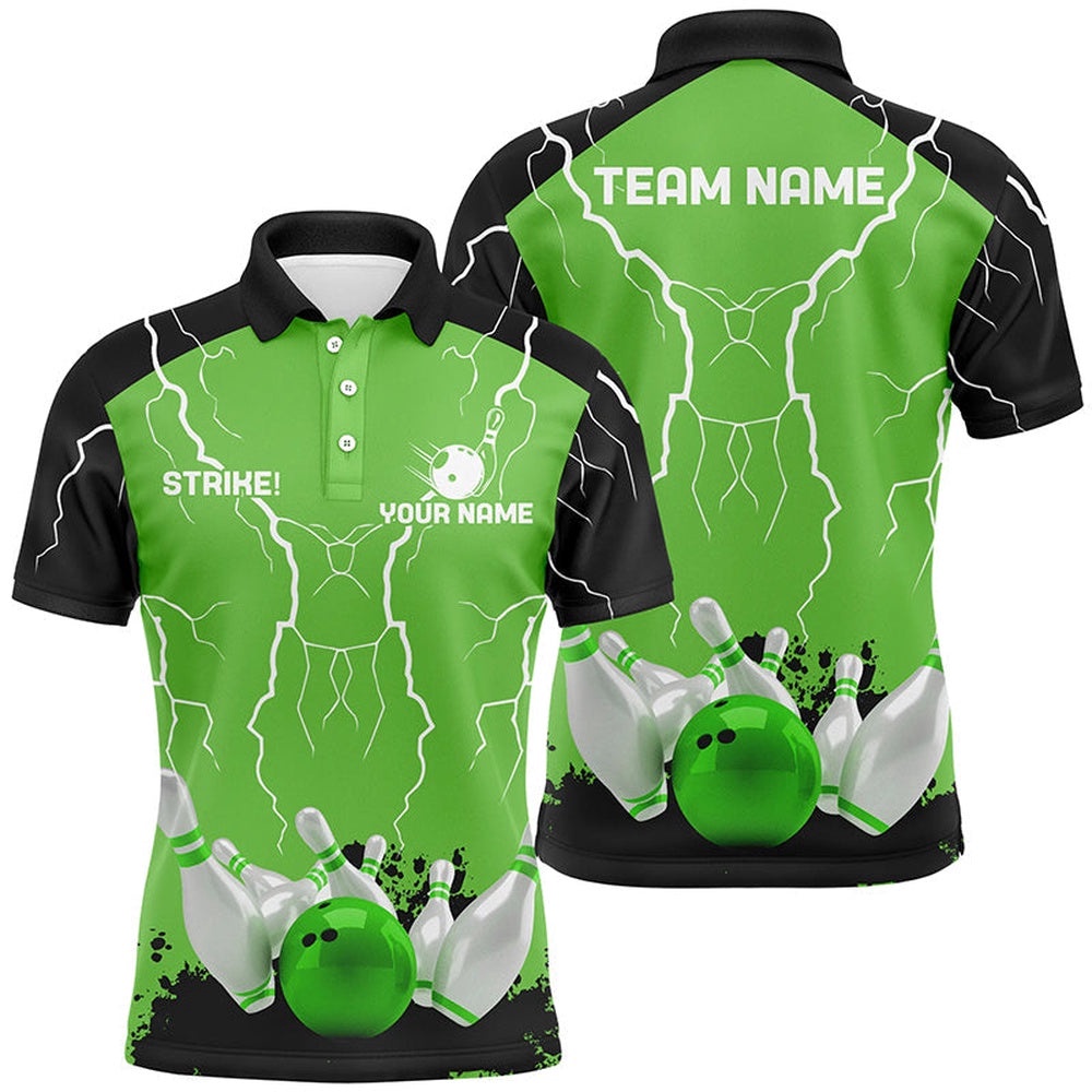 Mens Polo Bowling Shirt Custom Bowling Strike Lightning Storm Thunder Team League Polo Shirt Green, Personalized Bowling Team Shirt Mens Polo Bowling Shirt Custom Bowling Strike Lightning Storm Thunder Team League Polo Shirt Green, Personalized Bowling Team Shirt