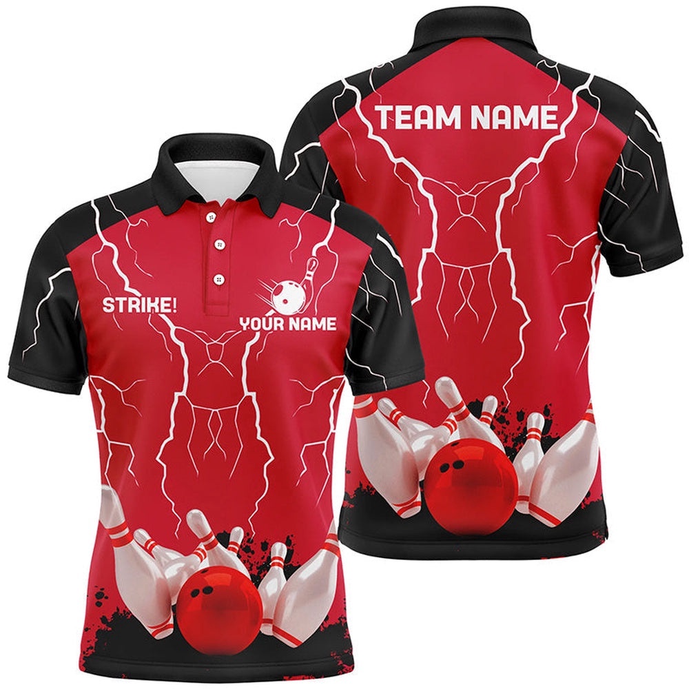 Mens Polo Bowling Shirt Custom Bowling Strike Lightning Storm Thunder Team League Polo Shirt Red, Personalized Bowling Team Shirt Mens Polo Bowling Shirt Custom Bowling Strike Lightning Storm Thunder Team League Polo Shirt Red, Personalized Bowling Team Shirt