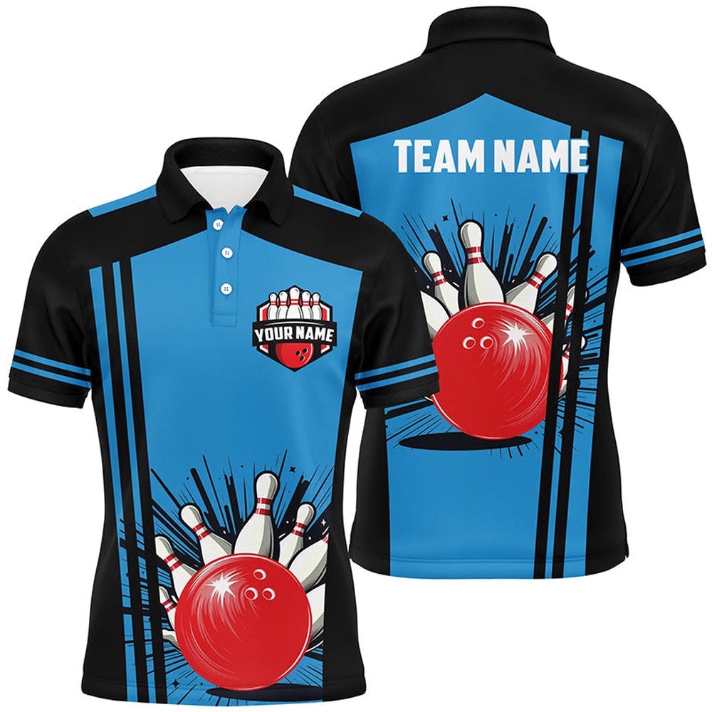 Mens Polo Bowling Shirts Custom Black And Blue Retro Bowling Team Polo Shirt, Gift For Team Bowlers, Personalized Bowling Team Shirt Mens Polo Bowling Shirts Custom Black And Blue Retro Bowling Team Polo Shirt, Gift For Team Bowlers, Personalized Bowling Team Shirt