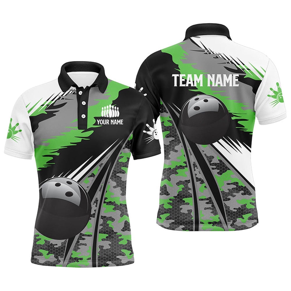 Mens Polo Bowling Shirts Custom Black Ball Green Camo Bowling Team Polo Shirt, Gift For Bowlers, Personalized Bowling Team Shirt Mens Polo Bowling Shirts Custom Black Ball Green Camo Bowling Team Polo Shirt, Gift For Bowlers, Personalized Bowling Team Shirt