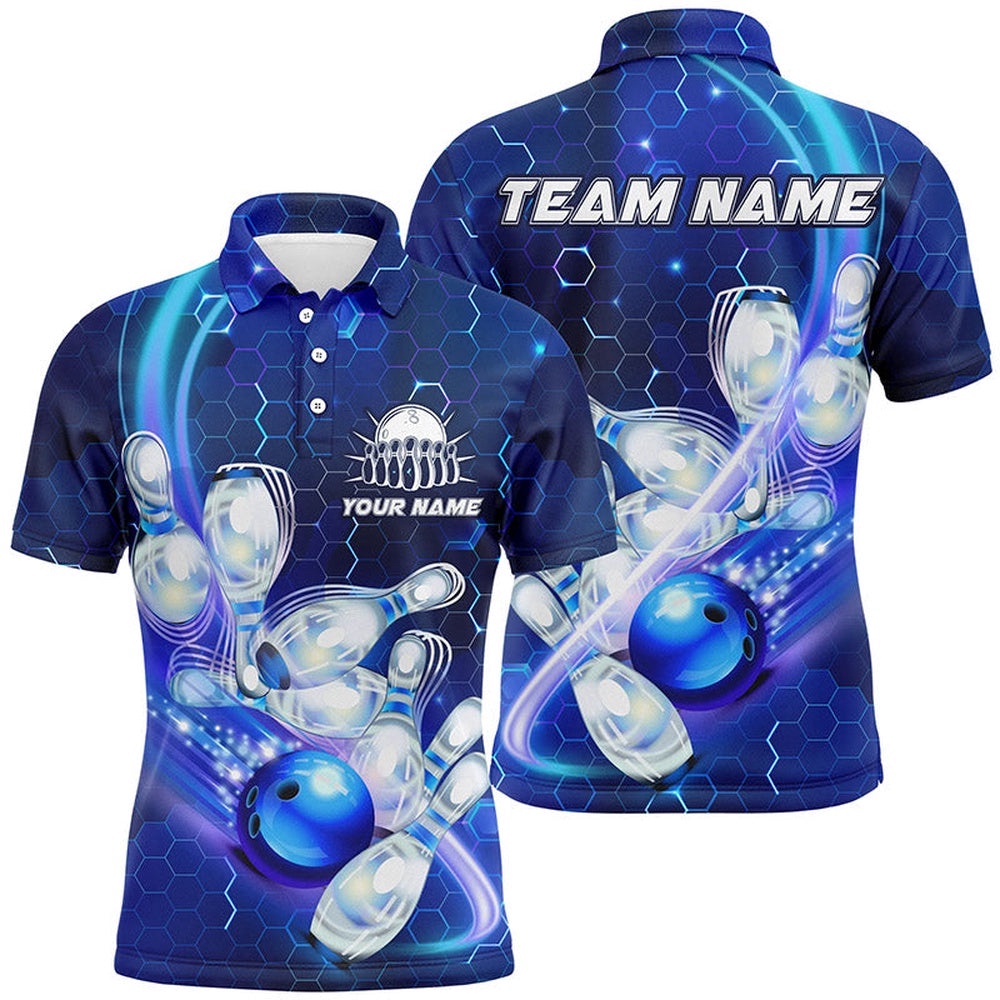 Mens Polo Bowling Shirts Custom Blue Light Bowling Ball Pins Hexagon Pattern Bowling Team Polo Shirt, Personalized Bowling Team Shirt Mens Polo Bowling Shirts Custom Blue Light Bowling Ball Pins Hexagon Pattern Bowling Team Polo Shirt, Personalized Bowling Team Shirt