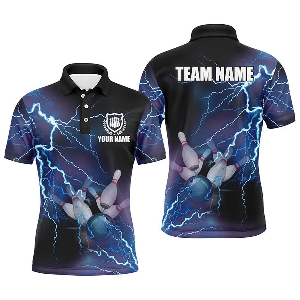 Mens Polo Bowling Shirts Custom Blue Lightning Thunder Bowling Team Polo Shirt, Gift For Team Bowlers, Personalized Bowling Team Shirt Mens Polo Bowling Shirts Custom Blue Lightning Thunder Bowling Team Polo Shirt, Gift For Team Bowlers, Personalized Bowling Team Shirt
