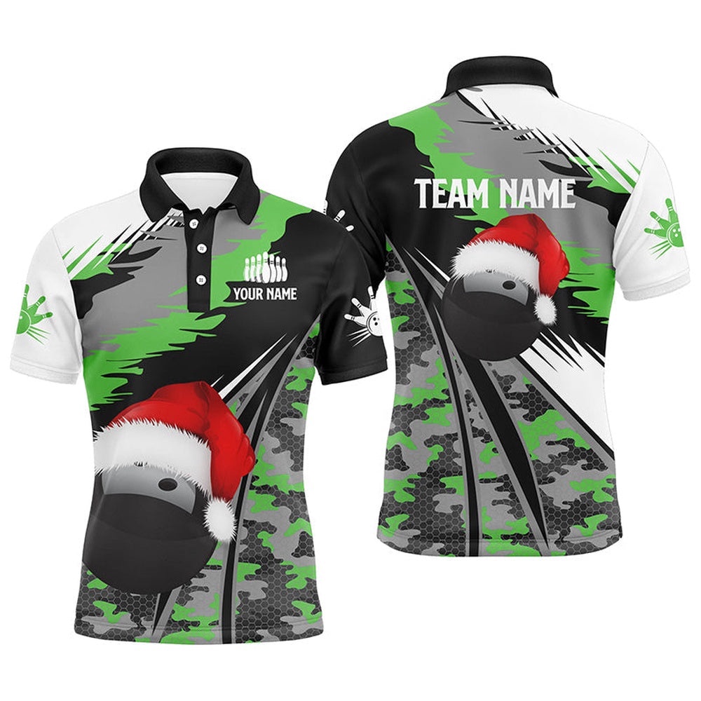Mens Polo Bowling Shirts Custom Christmas Bowling Ball Green Camo Bowling Team League Polo Shirt, Personalized Bowling Team Shirt Mens Polo Bowling Shirts Custom Christmas Bowling Ball Green Camo Bowling Team League Polo Shirt, Personalized Bowling Team Shirt