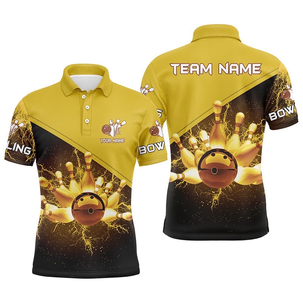 Mens Polo Bowling Shirts Custom Gold Lightning Thunder Bowling Team Polo Shirt, Gift For Team Bowlers, Personalized Bowling Team Shirt Mens Polo Bowling Shirts Custom Gold Lightning Thunder Bowling Team Polo Shirt, Gift For Team Bowlers, Personalized Bowling Team Shirt