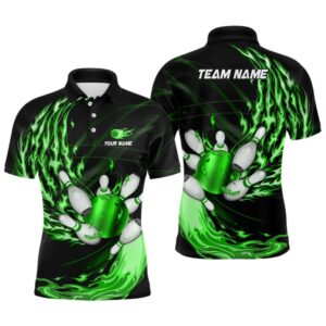 Mens Polo Bowling Shirts Custom Green Flame…