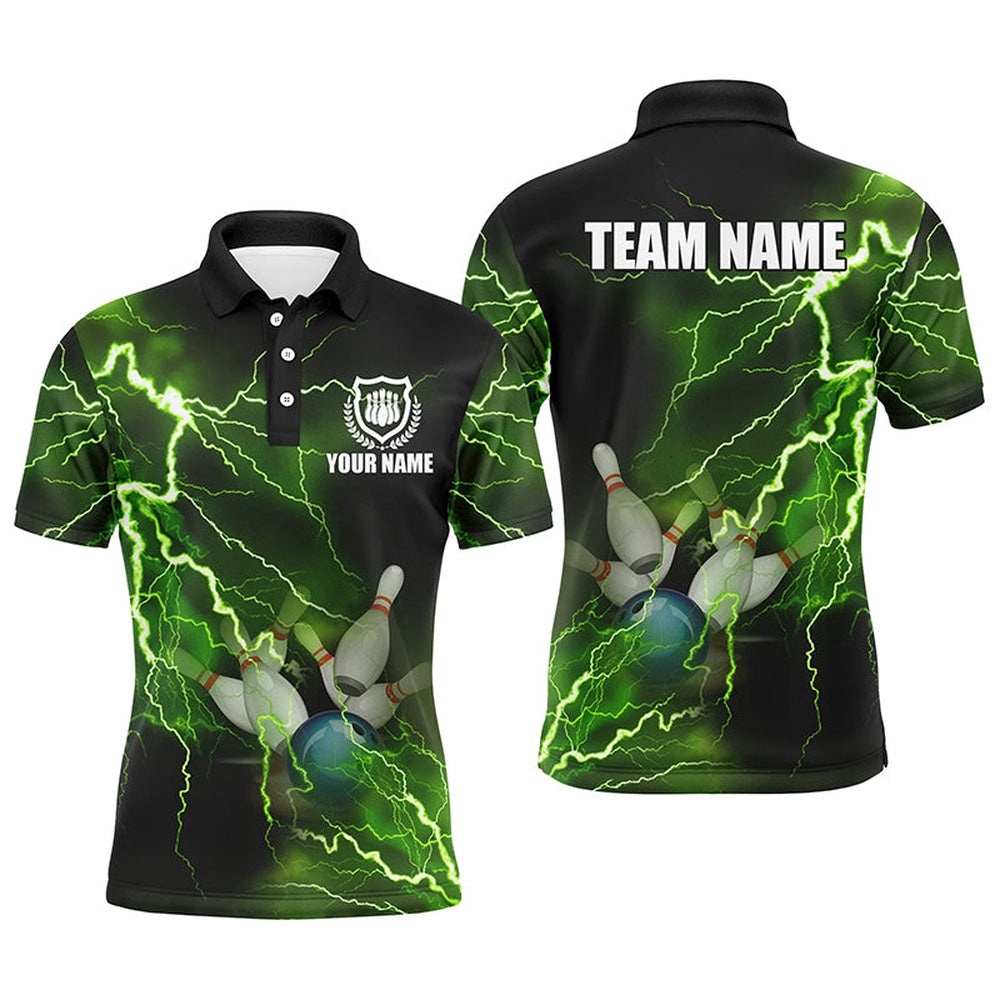 Mens Polo Bowling Shirts Custom Green Lightning Thunder Bowling Team Polo Shirt, Gift For Team Bowlers, Personalized Bowling Team Shirt Mens Polo Bowling Shirts Custom Green Lightning Thunder Bowling Team Polo Shirt, Gift For Team Bowlers, Personalized Bowling Team Shirt