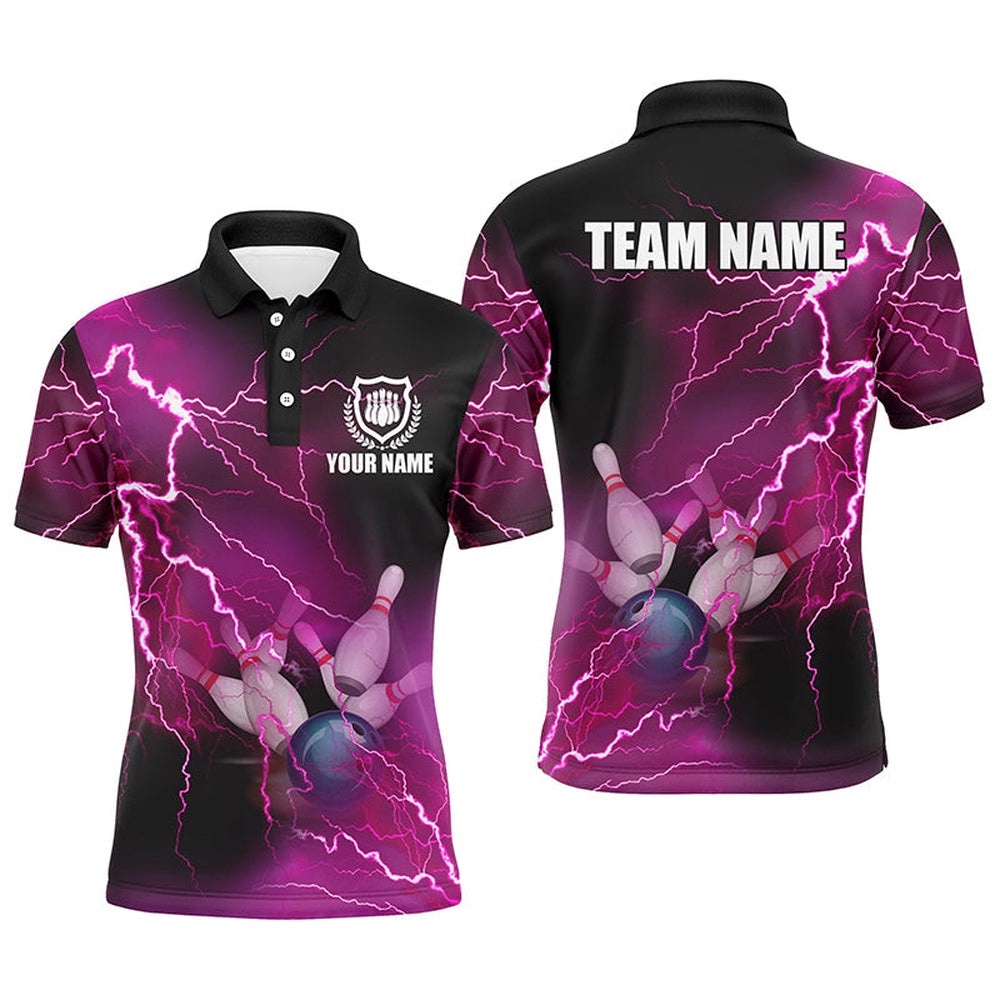 Mens Polo Bowling Shirts Custom Pink Lightning Thunder Bowling Team Polo Shirt, Gift For Team Bowlers, Personalized Bowling Team Shirt Mens Polo Bowling Shirts Custom Pink Lightning Thunder Bowling Team Polo Shirt, Gift For Team Bowlers, Personalized Bowling Team Shirt