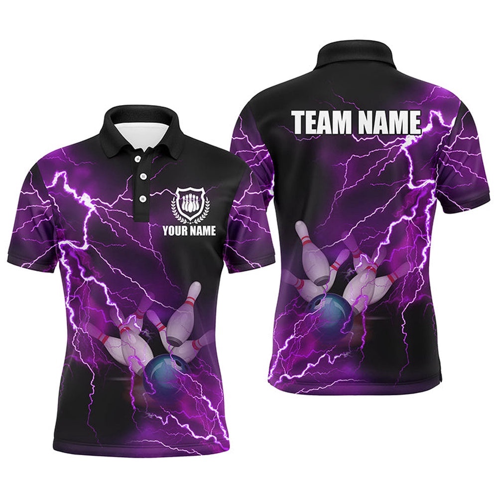Mens Polo Bowling Shirts Custom Purple Lightning Thunder Bowling Team Polo Shirt, Gift For Team Bowlers, Personalized Bowling Team Shirt Mens Polo Bowling Shirts Custom Purple Lightning Thunder Bowling Team Polo Shirt, Gift For Team Bowlers, Personalized Bowling Team Shirt