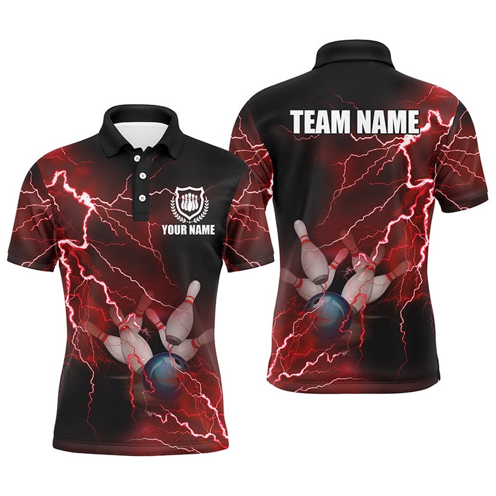 Mens Polo Bowling Shirts Custom Red Lightning Thunder Bowling Team Polo Shirt, Gift For Team Bowlers, Personalized Bowling Team Shirt Mens Polo Bowling Shirts Custom Red Lightning Thunder Bowling Team Polo Shirt, Gift For Team Bowlers, Personalized Bowling Team Shirt