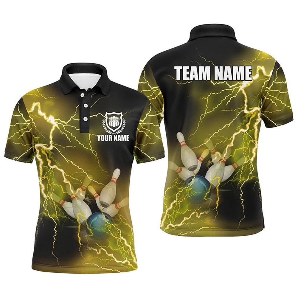 Mens Polo Bowling Shirts Custom Yellow Lightning Thunder Bowling Team Polo Shirt, Gift For Team Bowlers, Personalized Bowling Team Shirt Mens Polo Bowling Shirts Custom Yellow Lightning Thunder Bowling Team Polo Shirt, Gift For Team Bowlers, Personalized Bowling Team Shirt