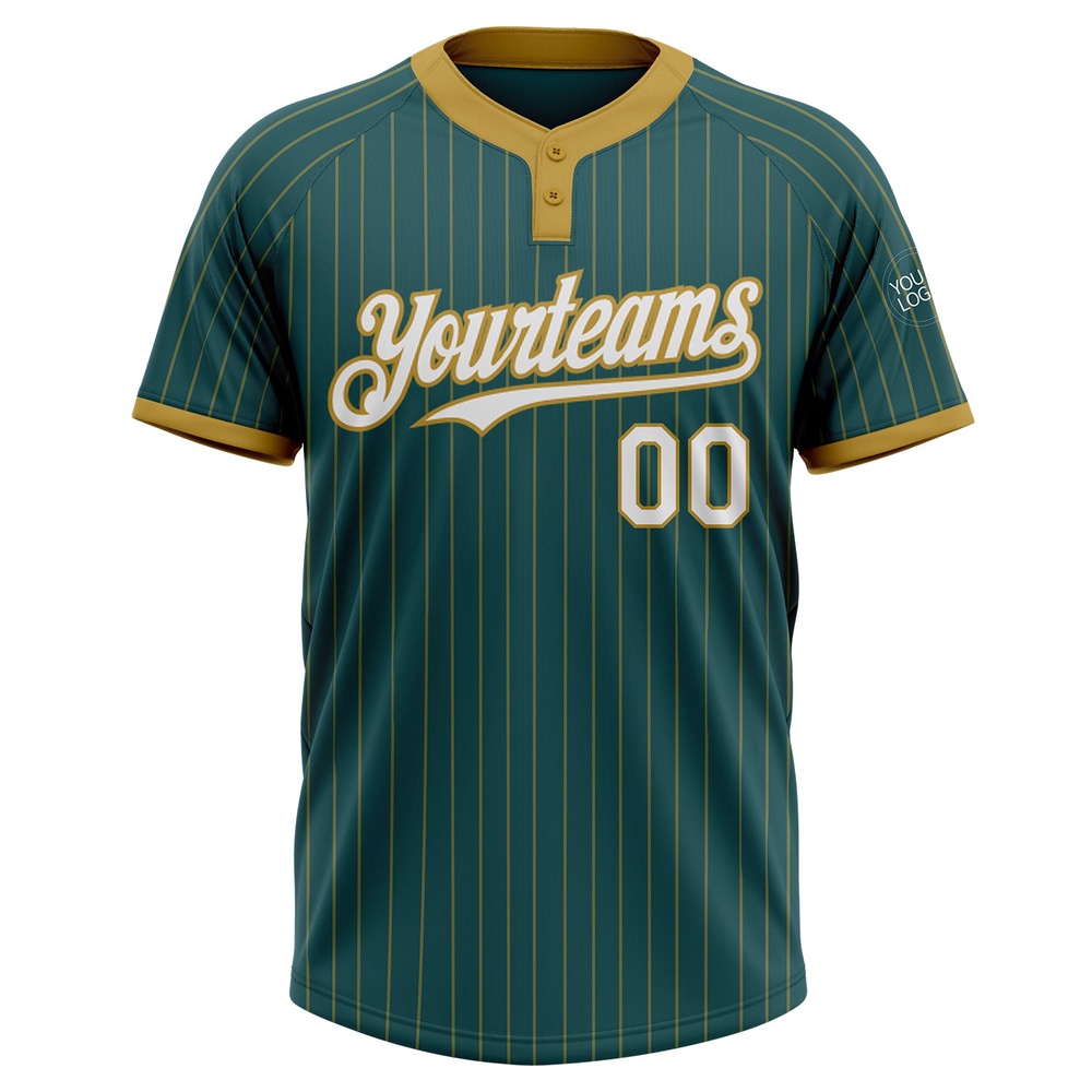 Midnight Green Old Gold Pinstripe White Two Button Unisex Softball Jersey, Custom Team Softball Jersey Midnight Green Old Gold Pinstripe White Two Button Unisex Softball Jersey, Custom Team Softball Jersey