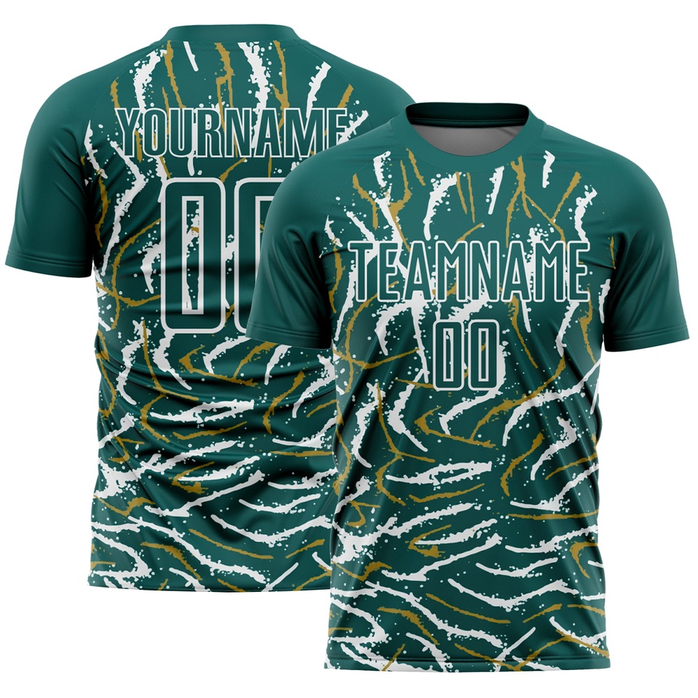 Midnight Green White Curved And Wavy Lines Sublimation Soccer Uniform Jersey, Custom Team Soccer Jersey Shirt Midnight Green White Curved And Wavy Lines Sublimation Soccer Uniform Jersey, Custom Team Soccer Jersey Shirt