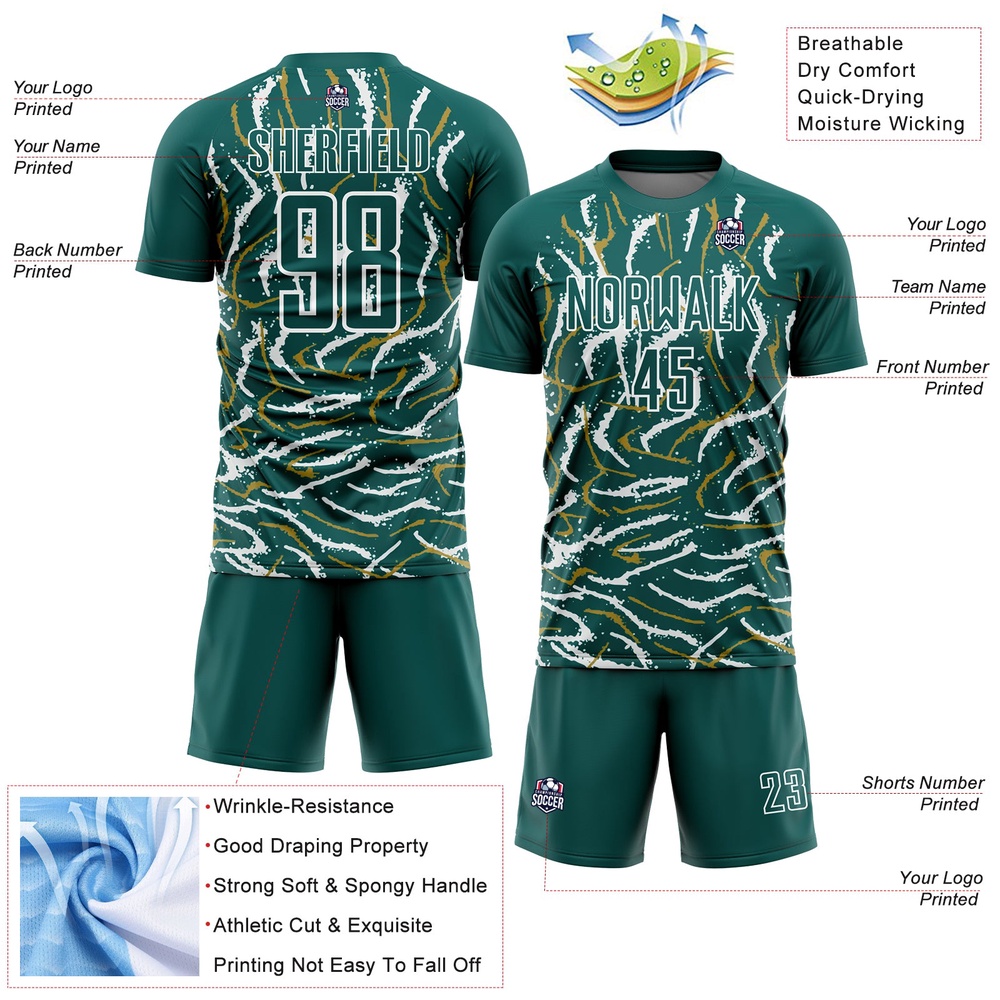 Midnight Green White Curved And Wavy Lines Sublimation Soccer Uniform Jersey, Custom Team Soccer Jersey Shirt Midnight Green White Curved And Wavy Lines Sublimation Soccer Uniform Jersey, Custom Team Soccer Jersey Shirt