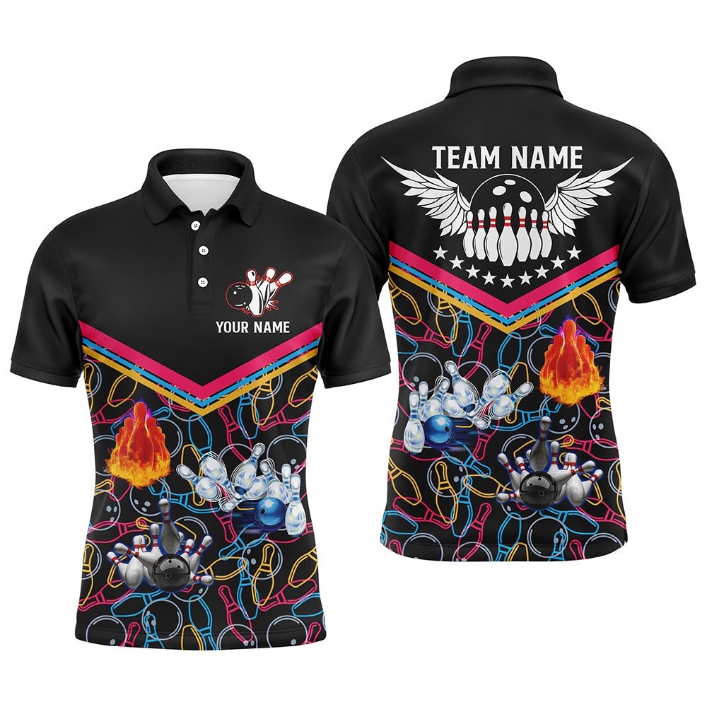 Multicolor Pattern Black Bowling Polo Shirts For Men, Custom Team Bowling Polo Shirt For Men Bowlers, Personalized Bowling Team Shirt Multicolor Pattern Black Bowling Polo Shirts For Men, Custom Team Bowling Polo Shirt For Men Bowlers, Personalized Bowling Team Shirt