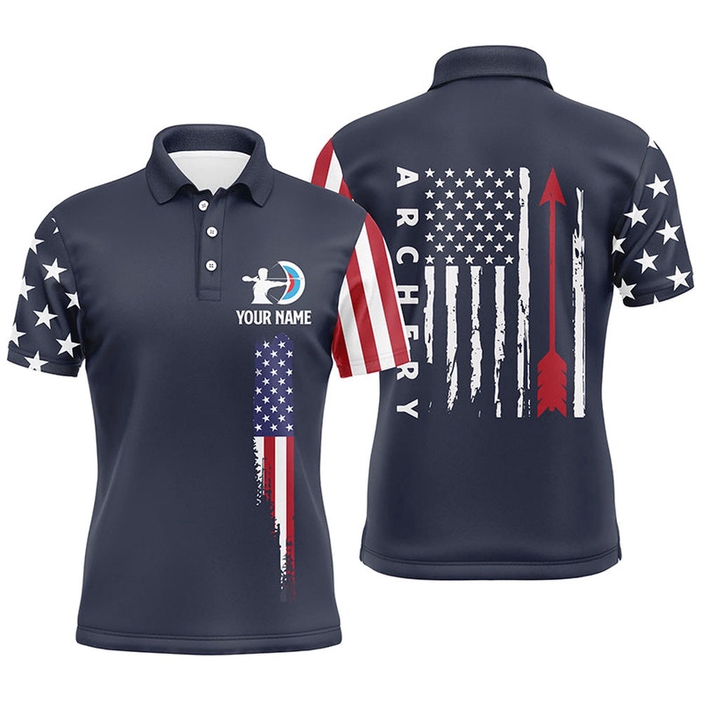 Navy American Flag Archery Polo Shirts For Men, Custom Flag Arrow Archery Polo, Custom Archery Team Polo Shirt