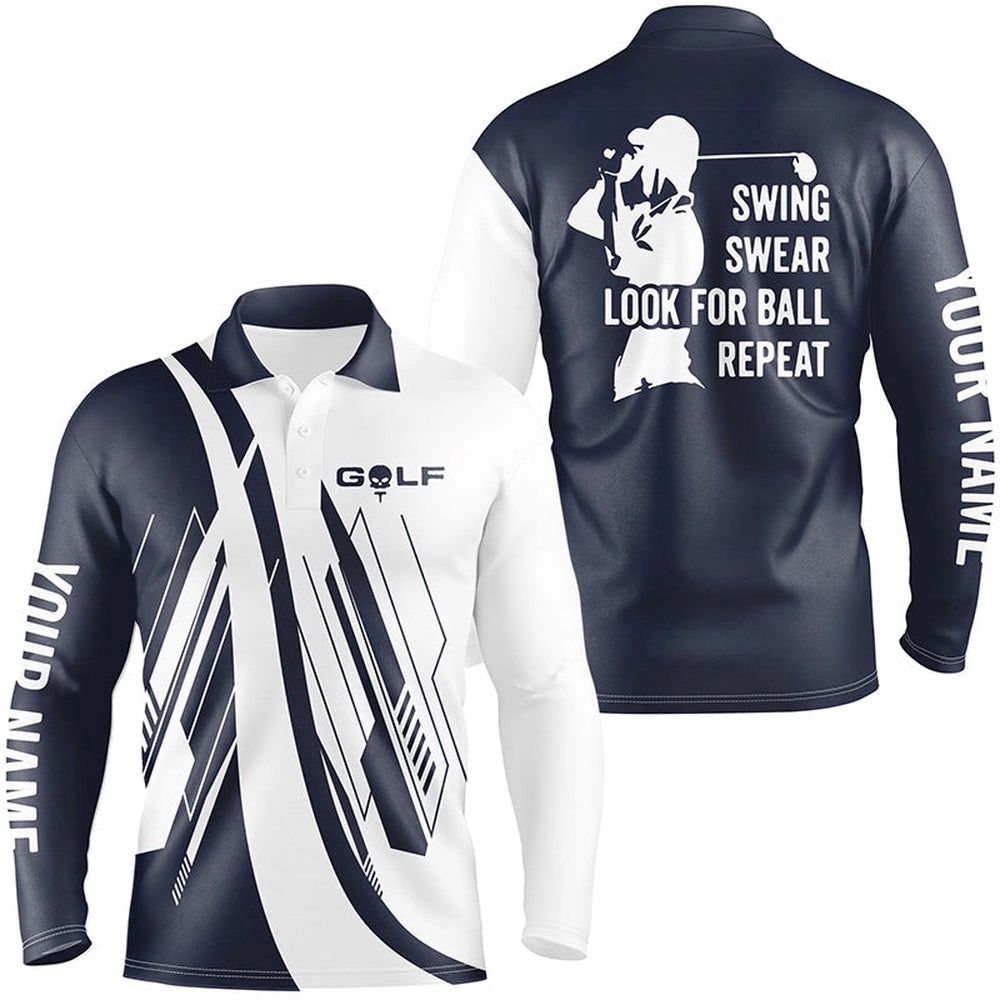 Navy Blue And White Men’s Golf Polo Shirts Custom Swing Swear Look For Ball Repeat Golf Shirt For Men’s, Golf Polo Shirt, Golf Shirts Navy Blue And White Men’s Golf Polo Shirts Custom Swing Swear Look For Ball Repeat Golf Shirt For Men’s, Golf Polo Shirt, Golf Shirts