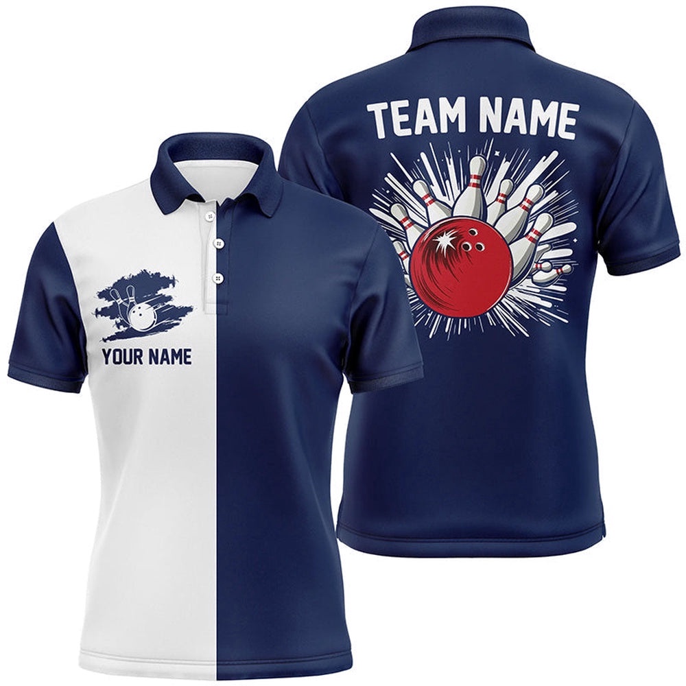 Navy Blue And White Retro Bowling Shirts For Men Custom Team Bowling Polo Shirt Gift For Bowlers, Personalized Bowling Team Shirt Navy Blue And White Retro Bowling Shirts For Men Custom Team Bowling Polo Shirt Gift For Bowlers, Personalized Bowling Team Shirt