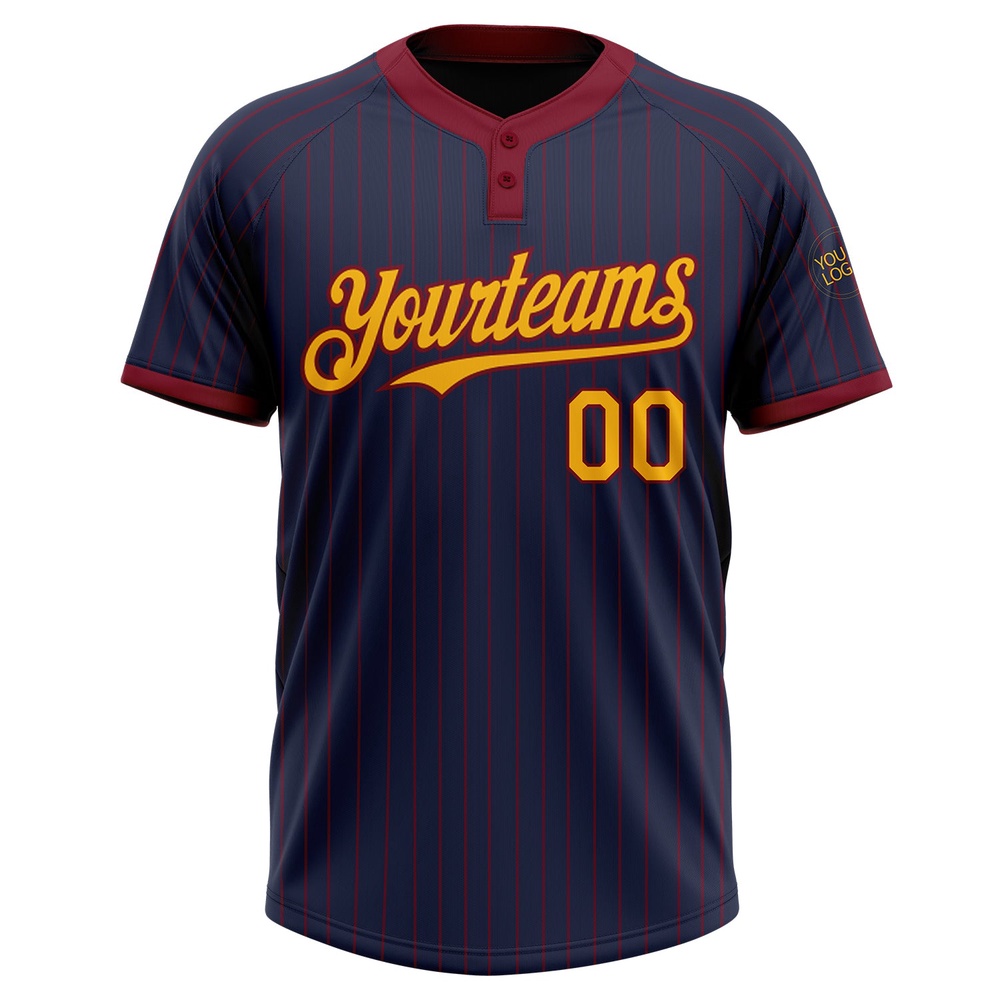 Navy Crimson Pinstripe Gold Two Button Unisex Softball Jersey, Custom Team Softball Jersey Navy Crimson Pinstripe Gold Two Button Unisex Softball Jersey, Custom Team Softball Jersey