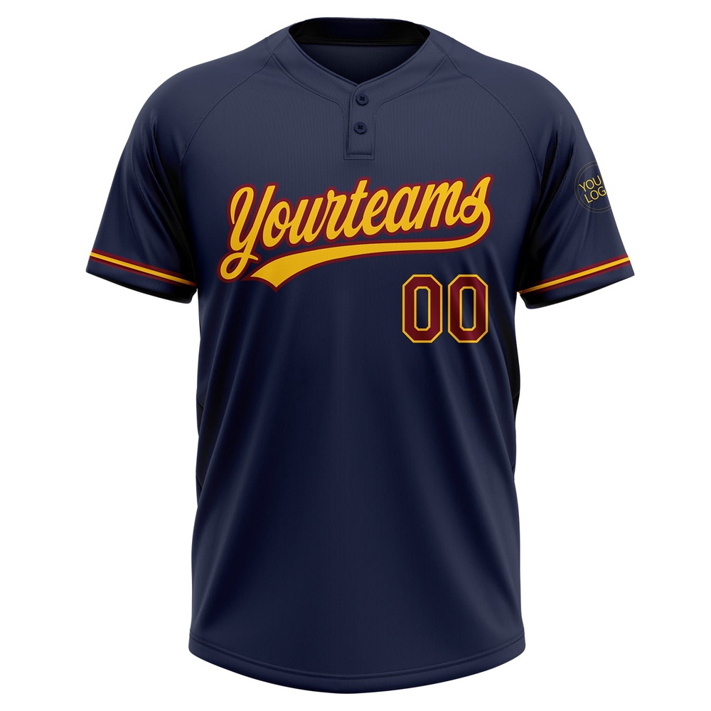 Navy Crimson Yellow Two Button Unisex Softball Jersey, Custom Team Softball Jersey Navy Crimson Yellow Two Button Unisex Softball Jersey, Custom Team Softball Jersey