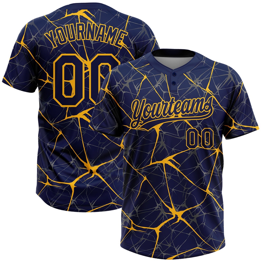 Navy Gold 3D Pattern Abstract Network Two Button Unisex Softball Jersey, Custom Team Softball Jersey Navy Gold 3D Pattern Abstract Network Two Button Unisex Softball Jersey, Custom Team Softball Jersey