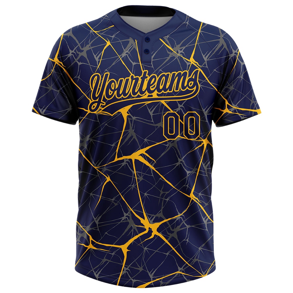 Navy Gold 3D Pattern Abstract Network Two Button Unisex Softball Jersey, Custom Team Softball Jersey Navy Gold 3D Pattern Abstract Network Two Button Unisex Softball Jersey, Custom Team Softball Jersey